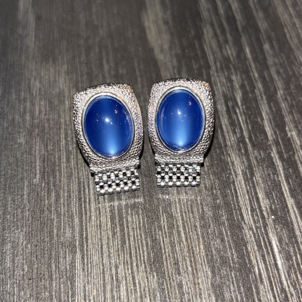 Swank Silver Tone Cuff Links Blue Moonglow Stones Retro MCM
